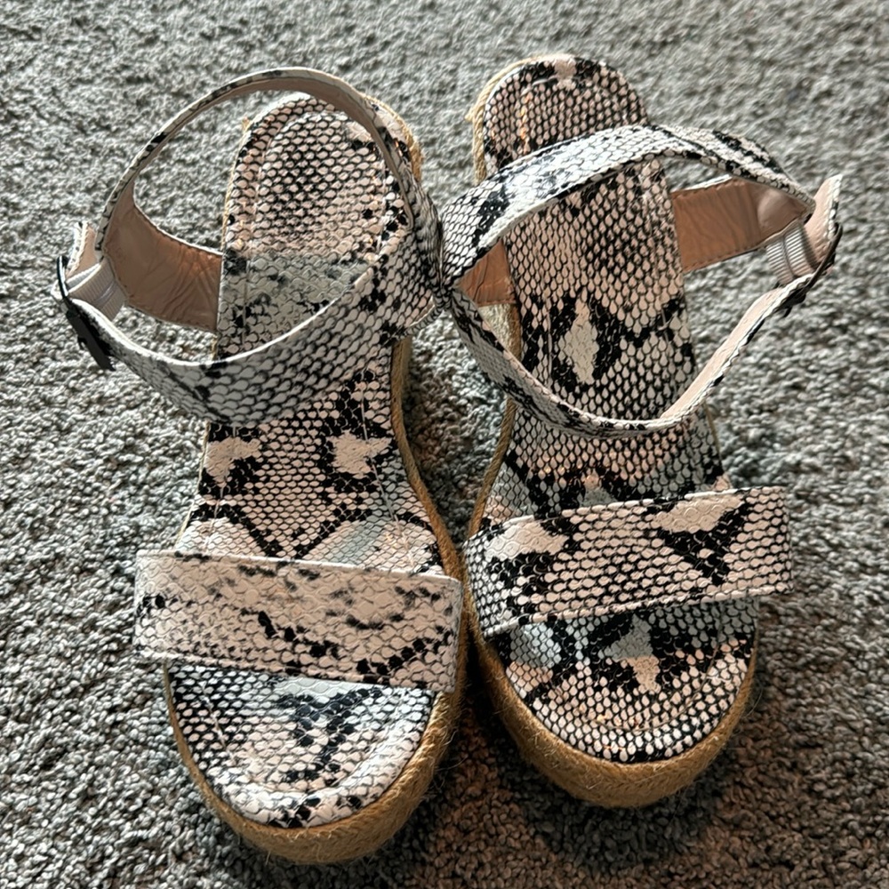 White and black faux snakeskin wedge espadrille